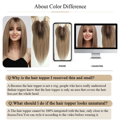 10" Brown Ombre Remy Human Hair Topper – Straight with Bangs, Silk Base, Clip-In Extension for Women