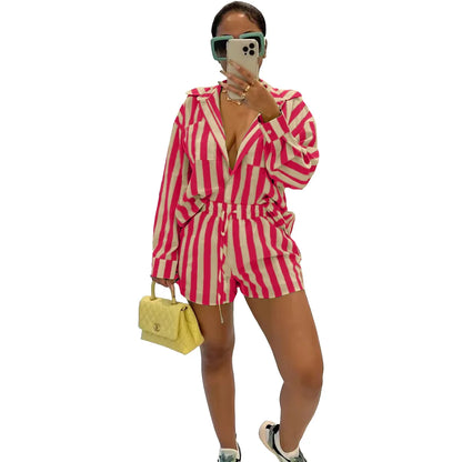 2025 Women’s Casual Striped Shorts & Long Sleeve Shirt Set – Spring Summer Office & Vacation Outfit