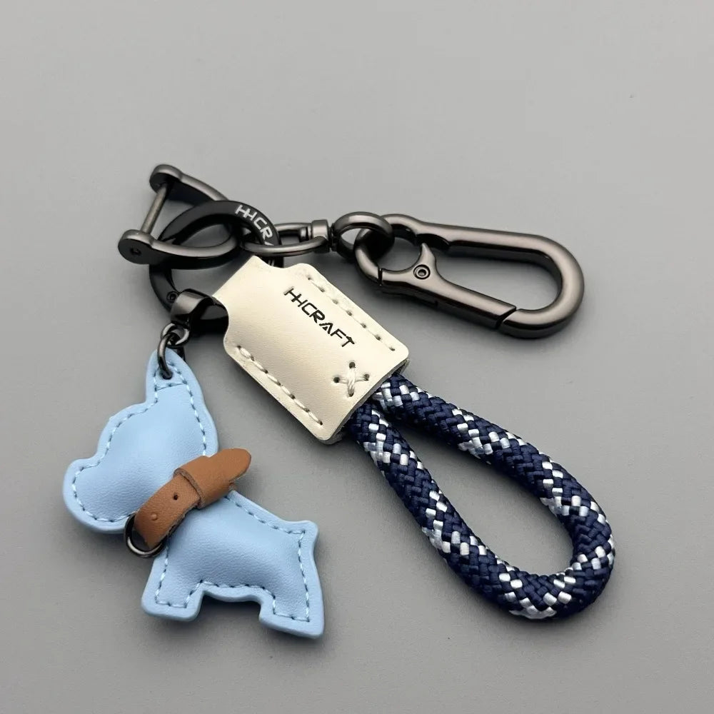 French Bulldog Leather Keychain - Handmade Braided Rope Key Holder with Anti-Loss Strap for Car, Women & Men