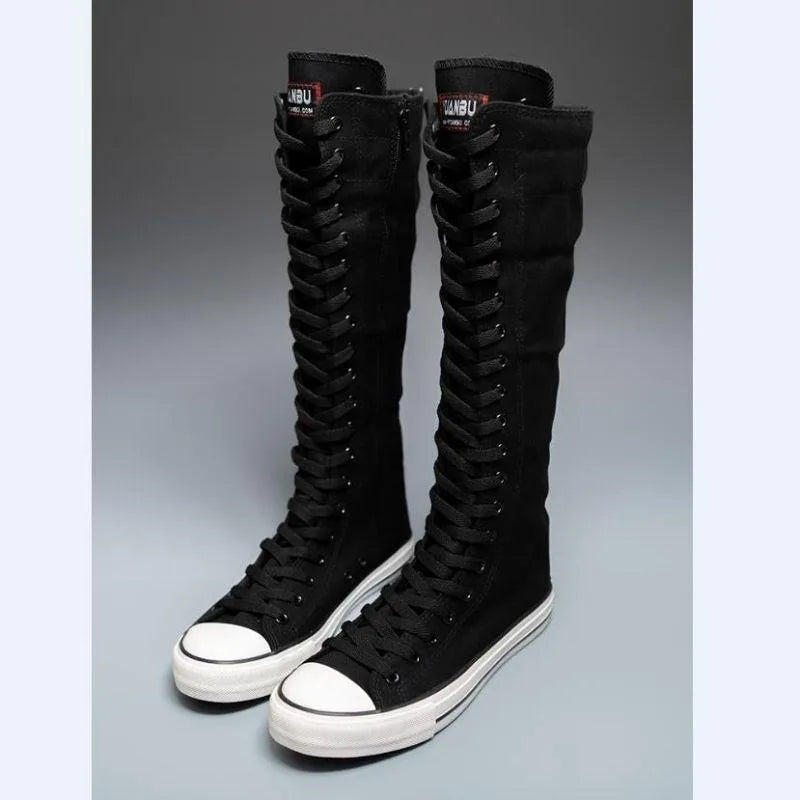 Women's High-Top Canvas Boots - Korean-Style Lace-Up Zipper Shoes with Comfortable Fit