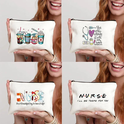 Nurse Gift Canvas Makeup Bag – Cute Coffee Print Zipper Pouch & Portable Cosmetic Organizer