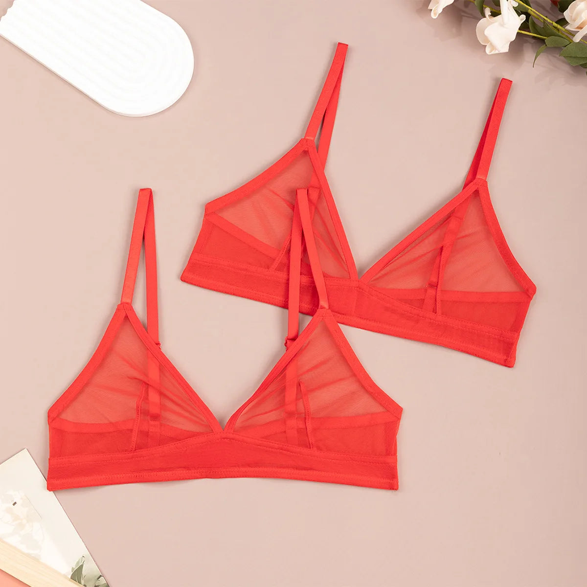 Sheer Mesh Triangle Bra Set - Ultra-Thin Transparent Lingerie with Double Shoulder Straps