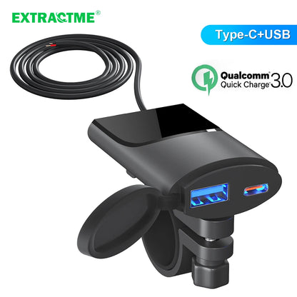Extractme Motorcycle USB Charger: 30W QC3.0 Type C Charger - IP67 Waterproof with Handlebar Mounting Bracket for Moto Phone Charging