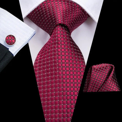 Hi-Tie Red Burgundy Plaid Silk Tie Set — Designer Men’s Necktie with Handkerchief & Cufflinks for Wedding or Business