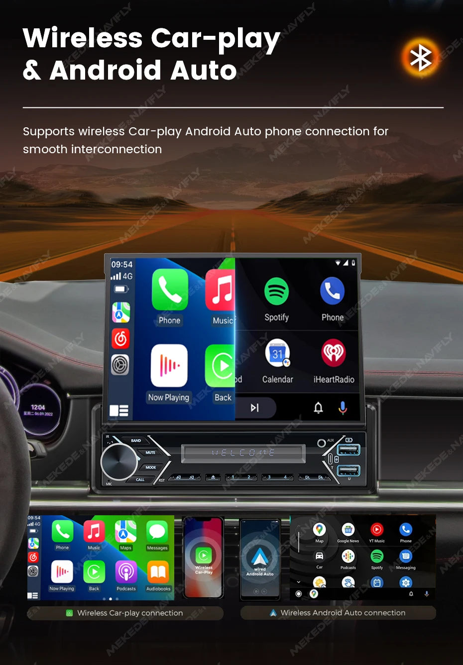 Carplay Android Auto 1 Din MP5 Player - 7 Inch Retractable Touch Screen, FM Radio, Mirror Link, Manual & Automatic Car Player