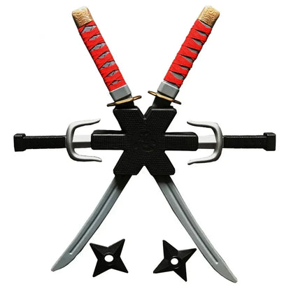 New 56cm Halloween Samurai Ninja Knife Set – 7-Piece Retro Plastic Daggers, Deadpool Cosplay Double Sword Props for Costumes and Toys