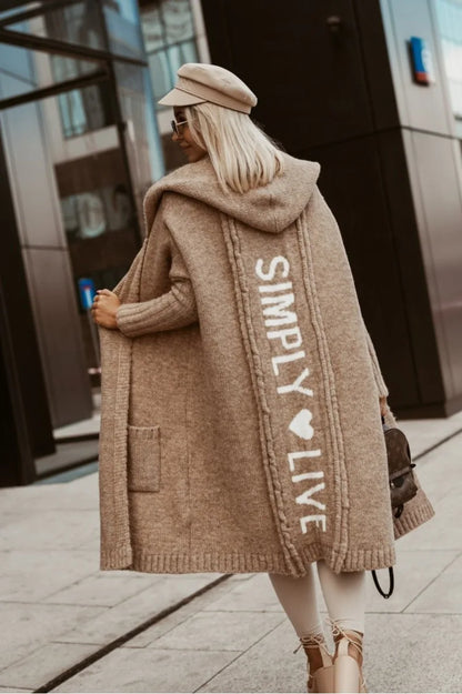 2023 Autumn/Winter Sweater Cardigan – Lapel Hooded Long Knit Coat with Letter Design, Loose Fit for Women
