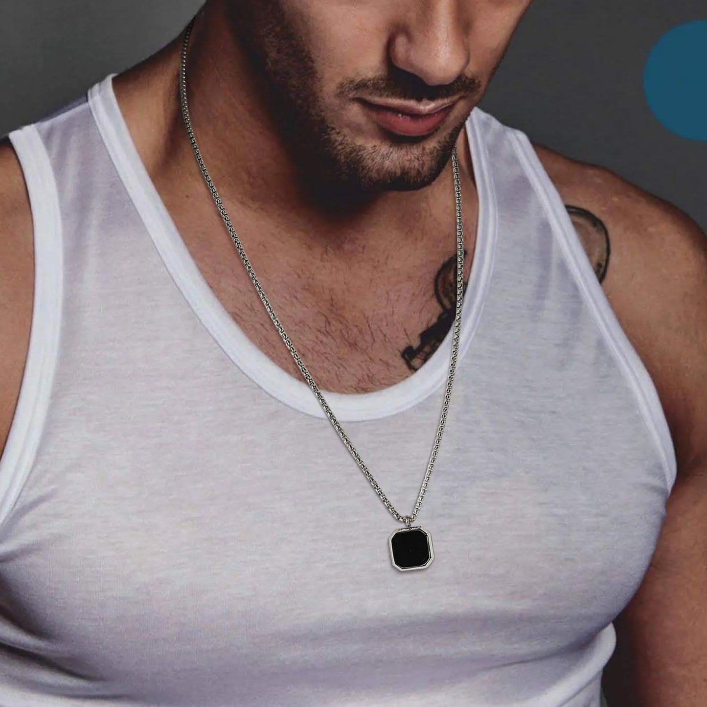 Vnox Stylish Men's Square Natural Stone Necklace - Stainless Steel Geometric Polygon Pendant, Casual Punk Jewelry Gift