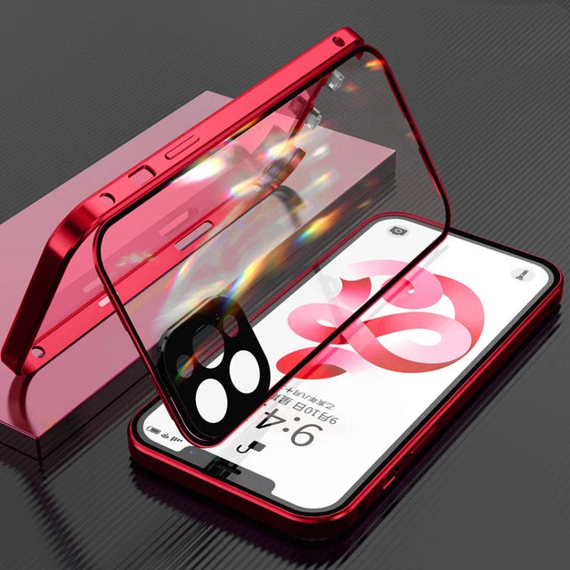360° Full Protection Magnetic Metal Phone Case - Double Sided Glass Snap Lock Bumper Cover for iPhone 16 Pro Max 15 14 13 12 11 Pro Max