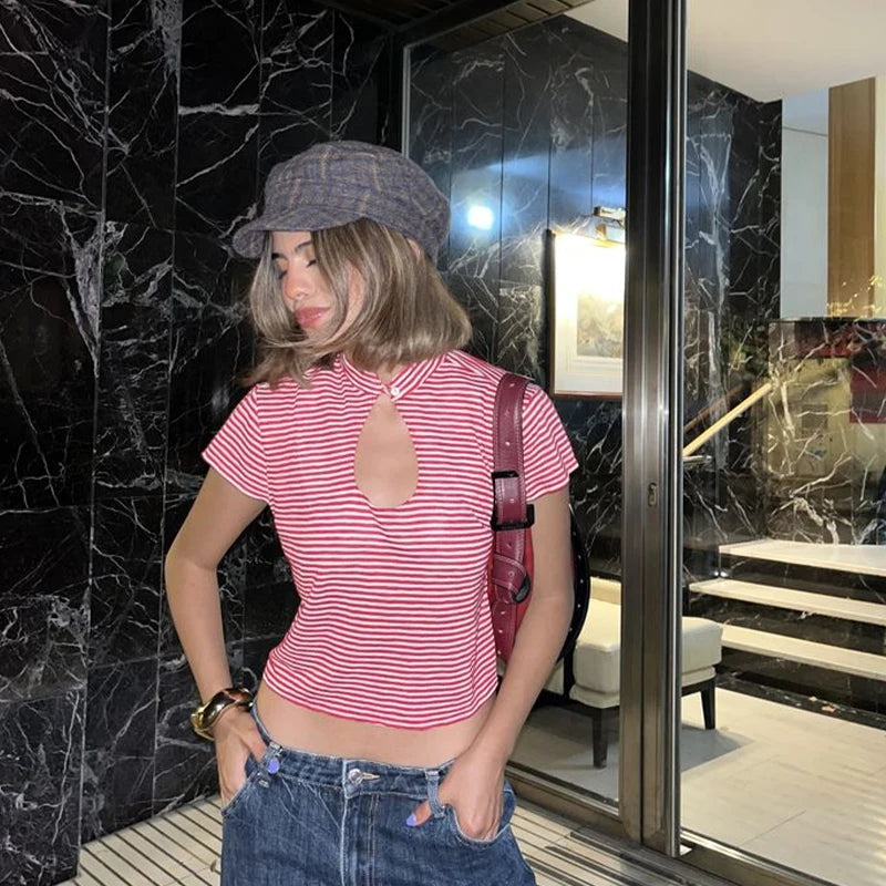 Y2K Stripe Pattern Cotton T-Shirt – Casual Chic Slim Fit Women’s Urban Streetwear Harajuku Emo Hip Hop Aesthetic Top