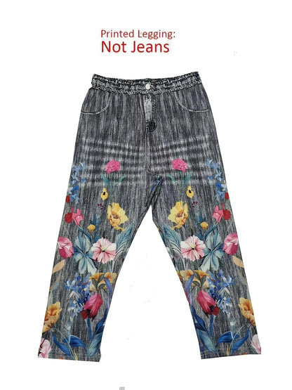 Women's Floral Print Capri Leggings - High-Stretch Faux Denim Slim-Fit Cropped Pants