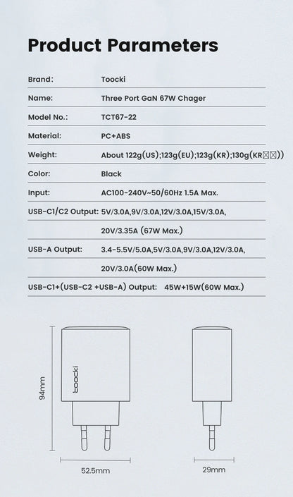 Toocki 67W GaN USB-C Charger — Digital Display Quick Charge PD PPS QC4.0 for MacBook, Laptop, iPad, iPhone 15/14
