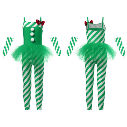 Kids Candy Cane Striped Christmas Tutu Leotard — Sequined Santa Bodysuit for Ballet & Gymnastics