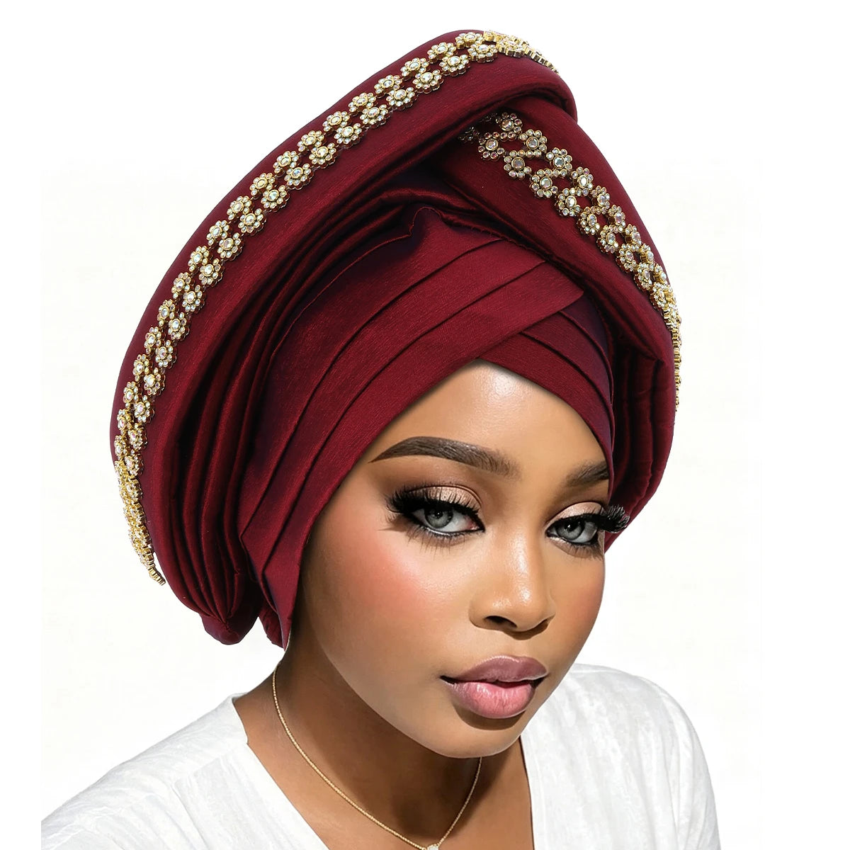 Luxury Diamond African Turban Headtie - Nigerian Auto Gele Head Wrap for Women, Wedding & Party Headpiece