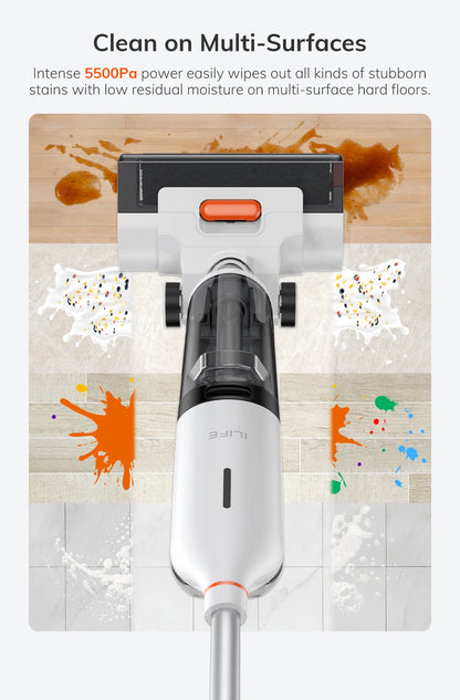 ILIFE W90 Cordless Wet Dry Smart Mop – 5500Pa Suction, Self-Cleaning in 1 Minute, Large Dual Water Tank
