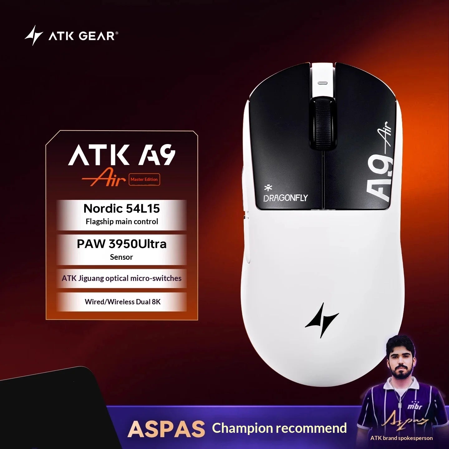 ATK DragonFly A9 Air Ultimate Wireless Gaming Mouse - 42000DPI PAW3950 Sensor 8KHz RGB Ergonomic Mouse for PC Windows & MacOS