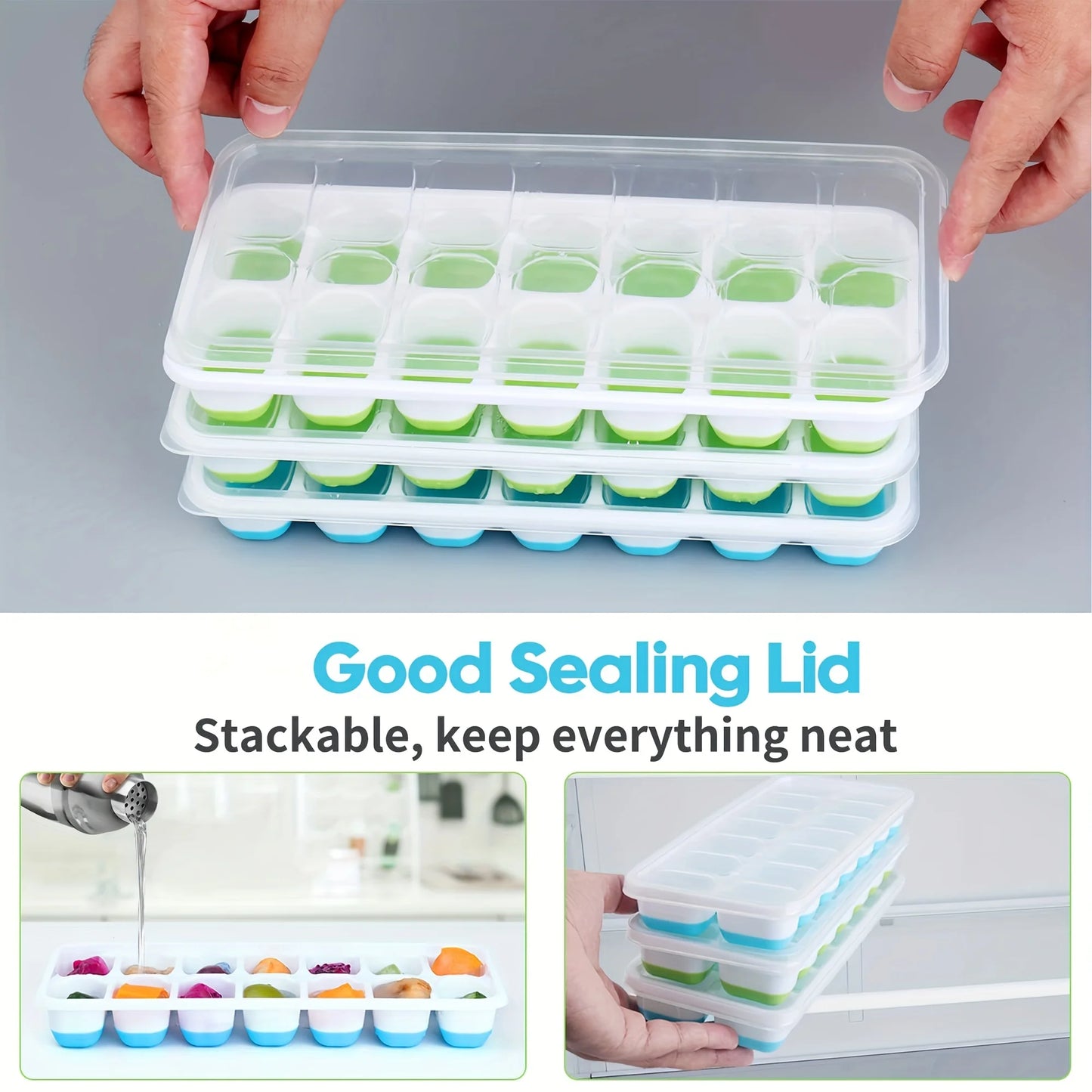 Silicone Ice Cube Mold – Easy-Release Flexible Tray with Spill-Resistant Removable Lid, Stackable Ice Trays with Covers