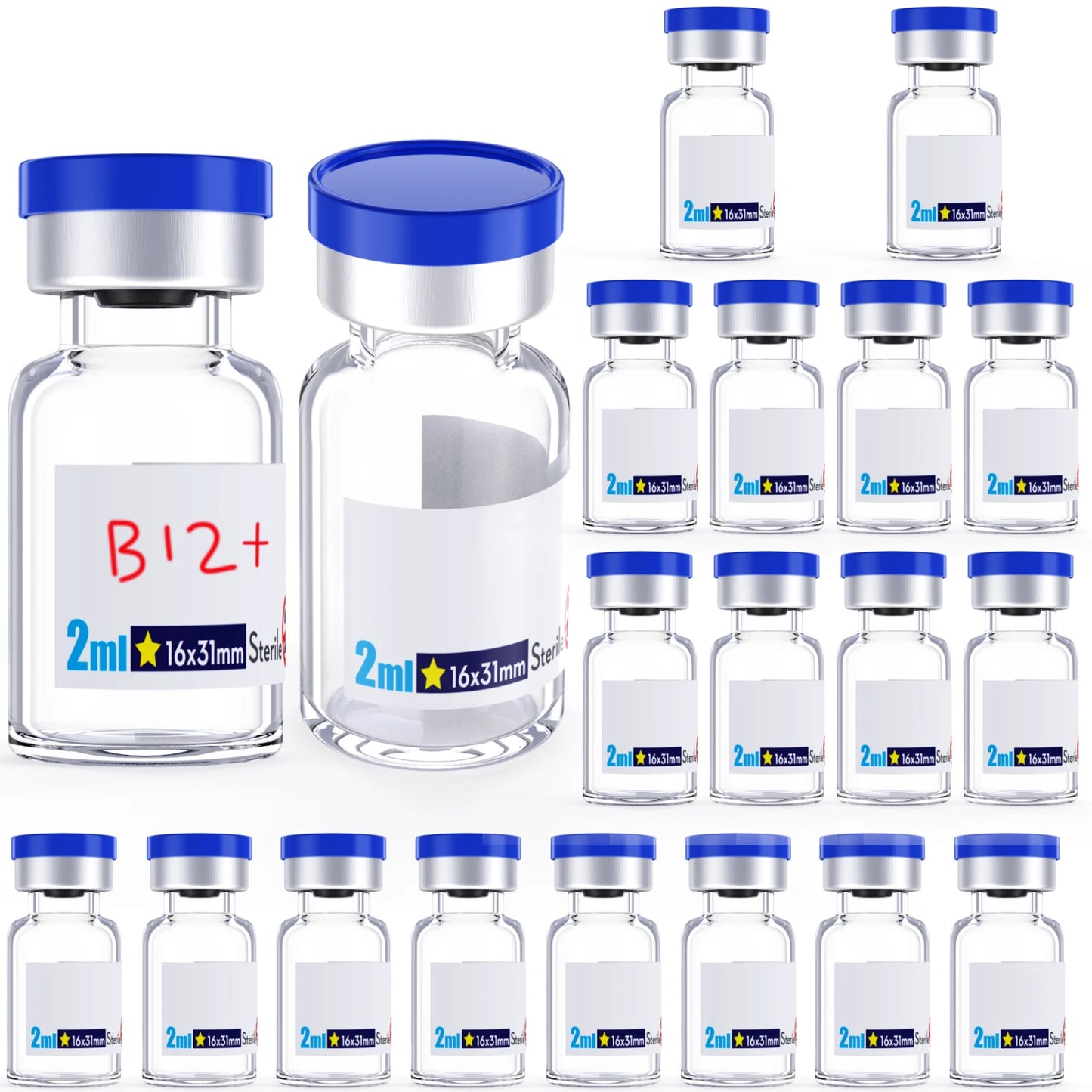 Sterile Glass Vials with Rubber Stopper & Aluminum Cap – 20pcs Individually Packaged, Burr-Free