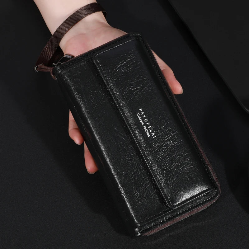 Men's PU Leather Zipper Wallet – Large Capacity Clutch Bag with Phone Holder, Card Slots & Coin Pocket