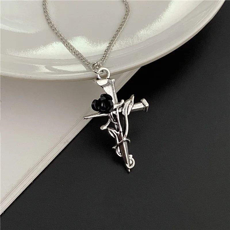 Punk Gothic Big Cross Pendant Necklace – Irregular Clavicle Chain Aesthetic Jewelry for Women & Men
