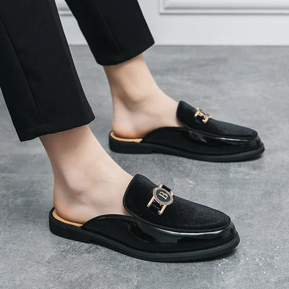 Men’s Suede Half Slippers - Patchwork Casual Metal Buckle Breathable Mules Driving Moccasin Shoes