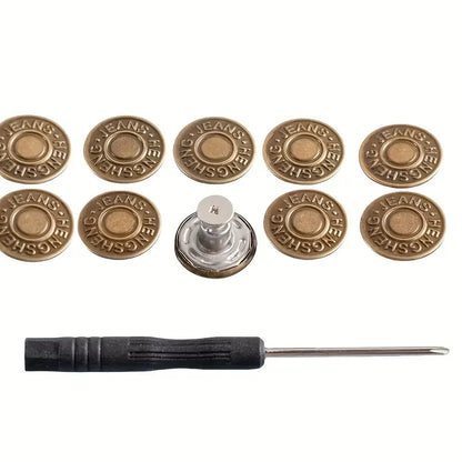 10PCS Adjustable No-Sew Bronze Jeans Buttons – Durable Metal Snap Fasteners for Pants & Denim Repair