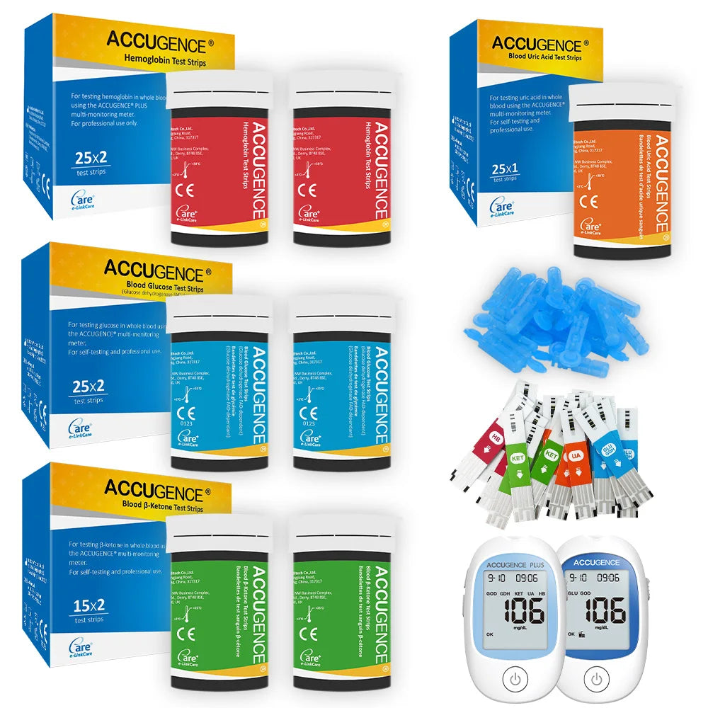 ACCUGENCE Multifunctional Test Strips - Blood Glucose, Ketone, Hemoglobin and Uric Acid Testing for PM800/PM900 Monitors