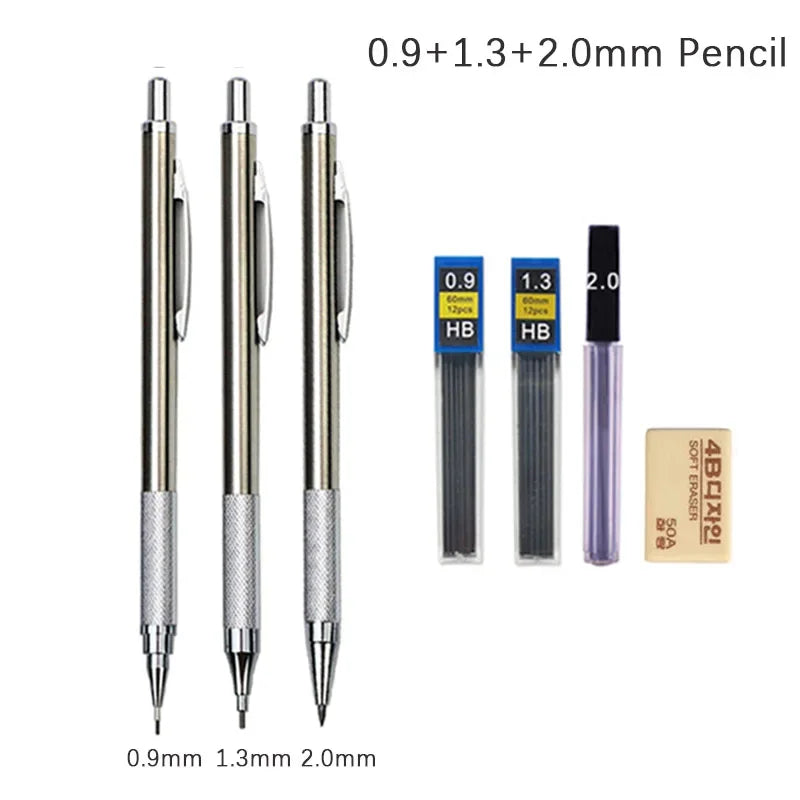Full Metal Mechanical Pencil Set — 0.3–2.0mm Automatic Pencils for Art, Drawing & School