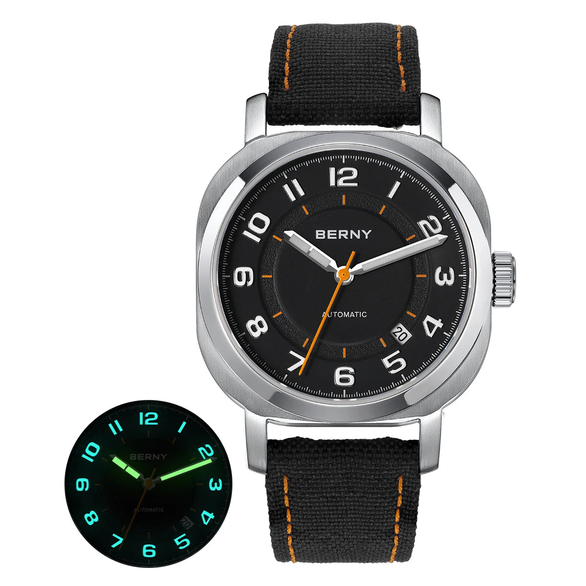 BERNY Women’s Mechanical Watch — Self-Wind Pillow Cushion Design with Sapphire Crystal, Super Luminous Display, Canvas Strap, and Calendar Function