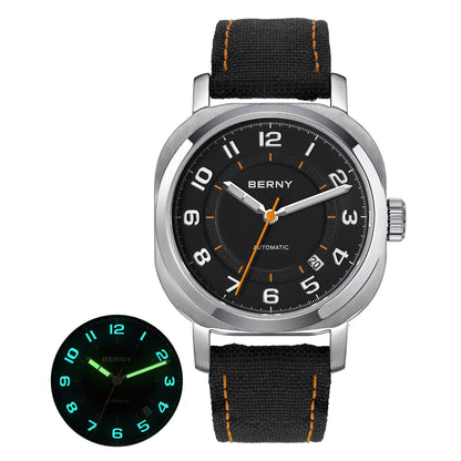 BERNY Women’s Mechanical Watch — Self-Wind Pillow Cushion Design with Sapphire Crystal, Super Luminous Display, Canvas Strap, and Calendar Function