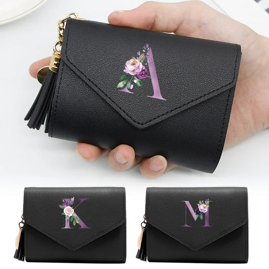 Women's RFID Leather Wallet - Compact Luxury Mini Purse With ID Window, Purple Letter Pattern & Card Holder Design