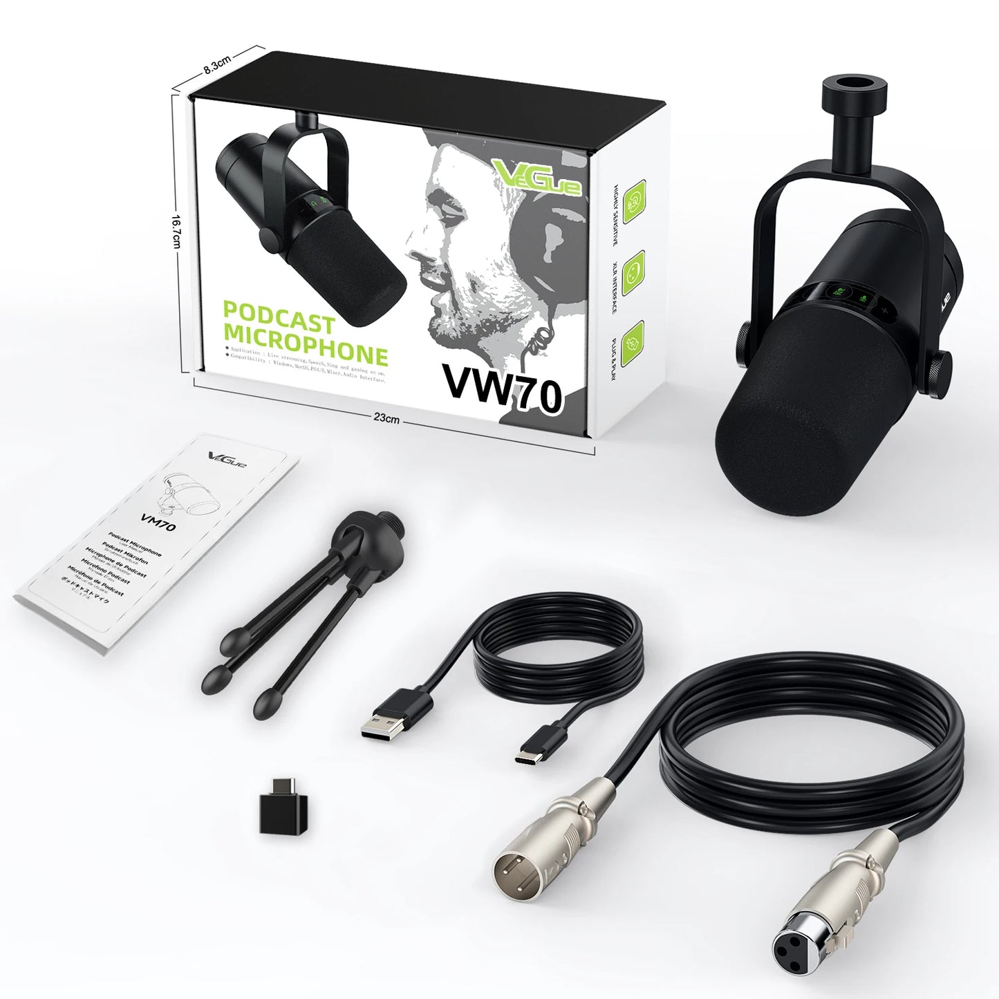 Professional USB/XLR Dynamic Microphone – VM70 Mic for Broadcast, Podcast & Recording Studio, Ideal for Music & Speech