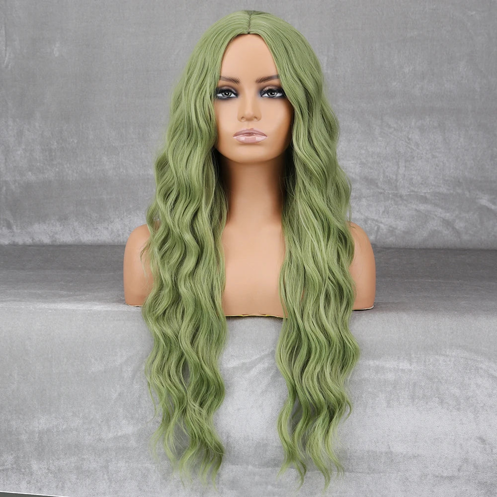 Long Wavy Green Synthetic Wig – Heat-Resistant Women's Cosplay, Party, Lolita Style, Half Part, Red/Black/Pink