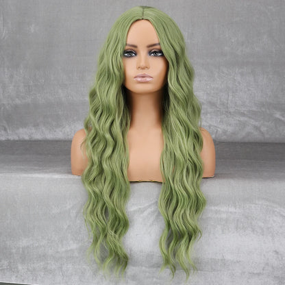 Long Wavy Green Synthetic Wig – Heat-Resistant Women's Cosplay, Party, Lolita Style, Half Part, Red/Black/Pink