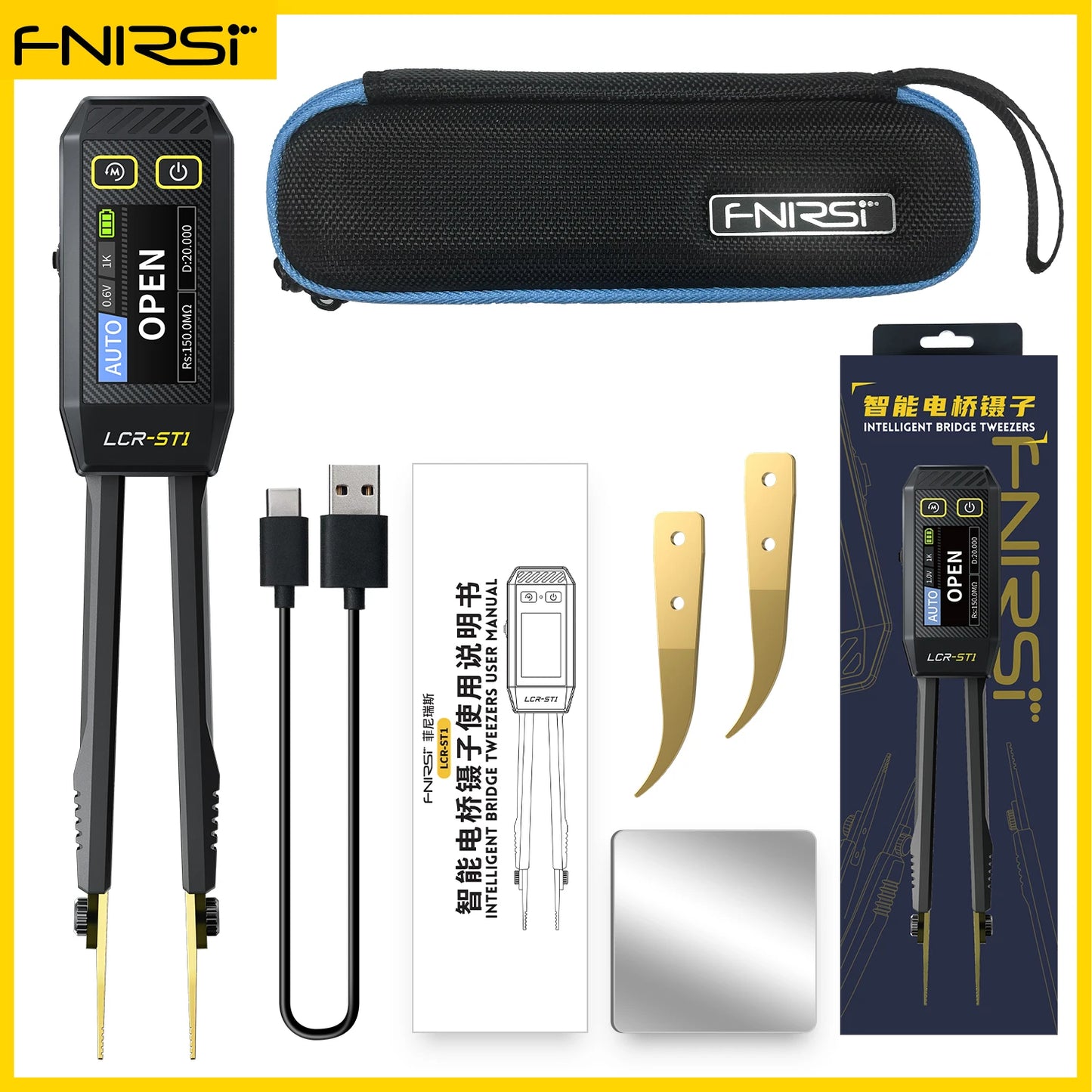 FNIRSI LCR-ST1 Mini Smart Tweezer | LCR SMD ESR Tester for Resistance, Capacitance, Inductance, Continuity & Diode Testing