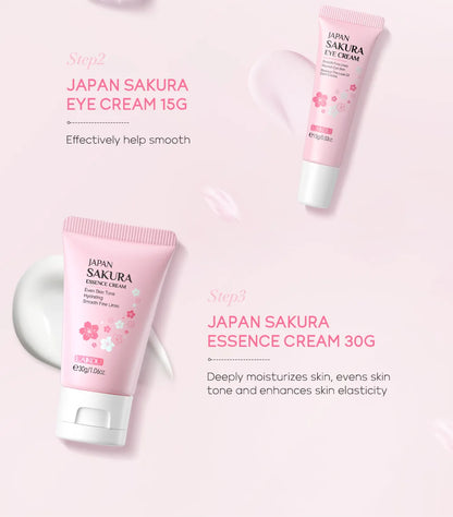 3pcs LAIKOU Vitamin C 24K Golden Sakura Skincare Set – Moisturizing Face Cream, Serum & Eye Cream