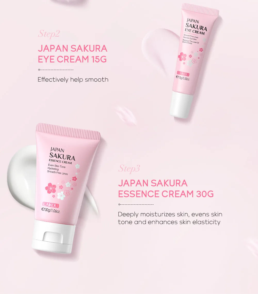 LAIKOU 3pcs Vitamin C & 24K Gold Sakura Skincare Set — Moisturizing Face Cream, Serum & Eye Cream, Anti-Wrinkle Face Care Kit