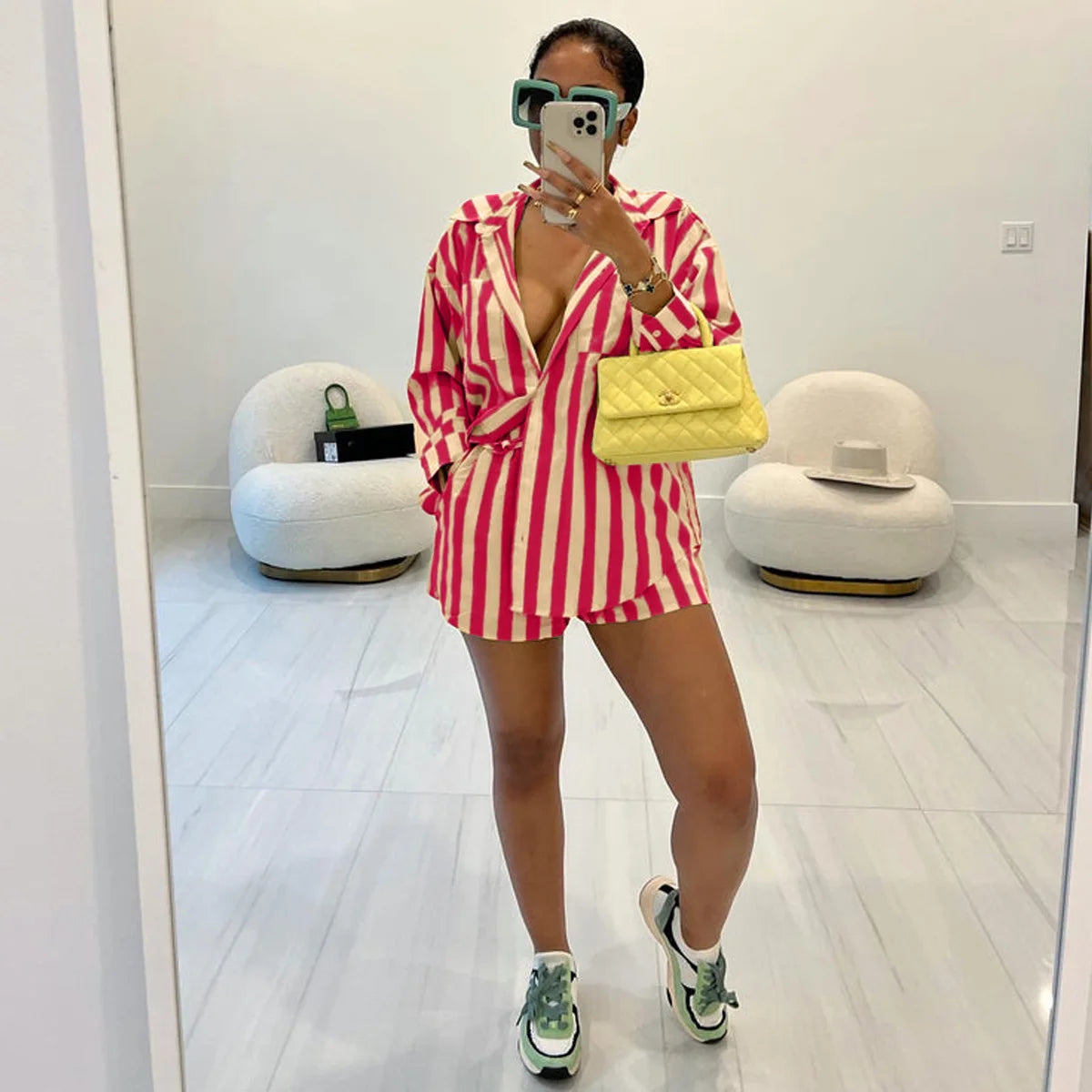 2025 Women’s Casual Striped Shorts & Long Sleeve Shirt Set – Spring Summer Office & Vacation Outfit