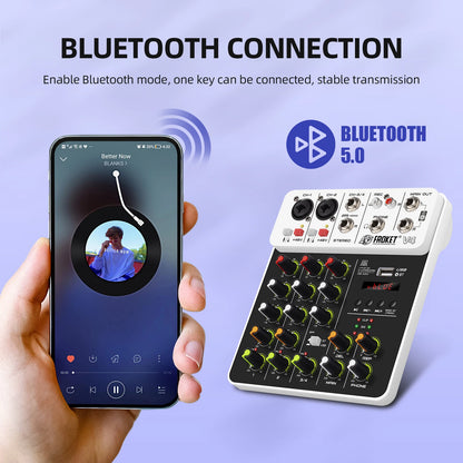 V4 4-Channel Audio Interface Mixer — USB & Bluetooth with 48V Phantom Power, Effects & Recording