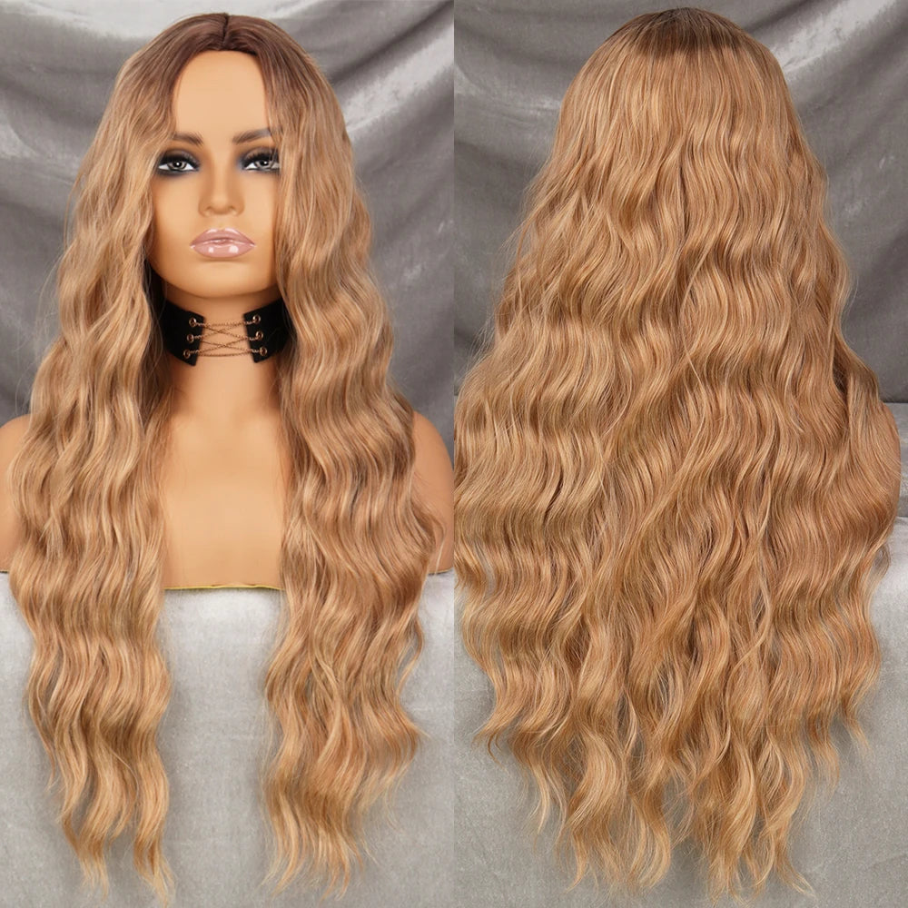 Long Wavy Green Synthetic Wig – Heat-Resistant Women's Cosplay, Party, Lolita Style, Half Part, Red/Black/Pink