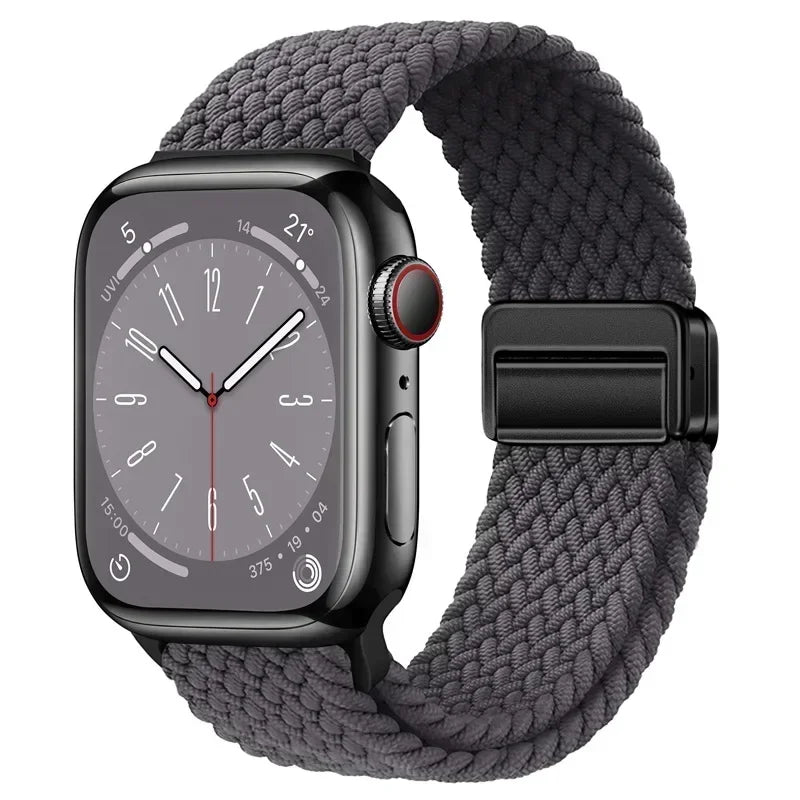 Nylon Braided Loop Apple Watch Band – Magnetic Metal Bracelet Strap for Ultra 2, Series 3–9 & SE (40mm–49mm) Adjustable Wristband