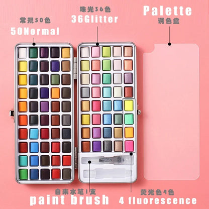 50/90 Color Solid Watercolor Paint Set – Glitter Pigments with Portable Metal Box & Squirrel Hair Brush for Nail Art