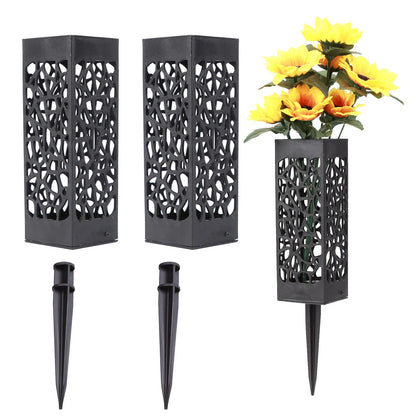 1/2/4PCS Cemetery Vase Decorations – Black Plastic Hollow Flower Holder with Long Spike, 7.28x2.17x2.17 Inch for Grave Markers