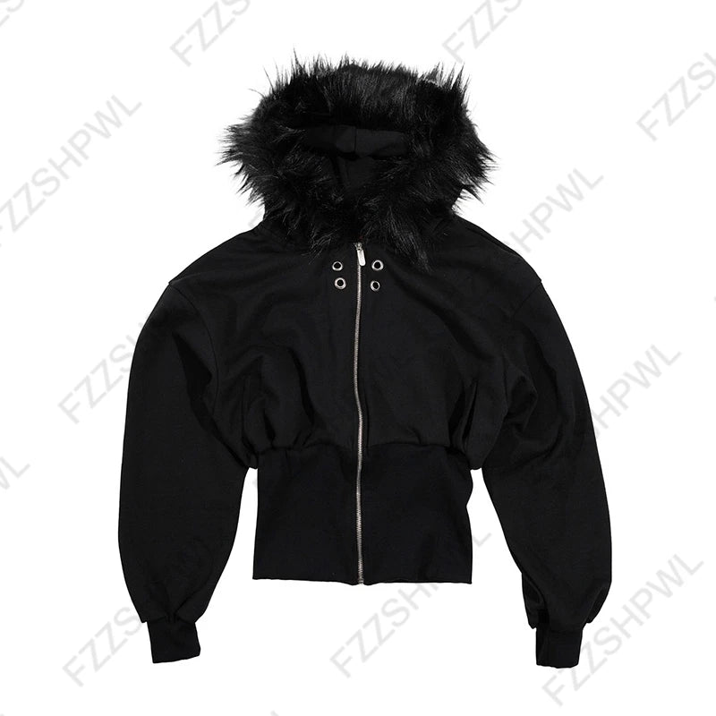 Y2K Harajuku Women's Fur Collar Hoodie – Slim Chic Solid Color Cardigan Sweatshirt, Goth Punk Streetwear
