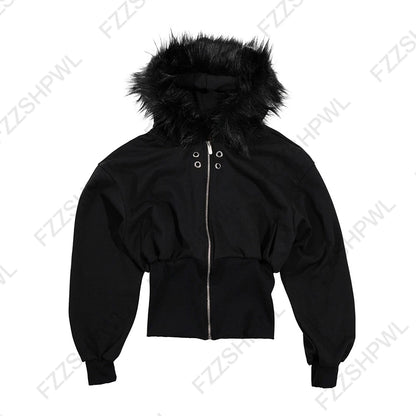 Y2K Harajuku Women's Fur Collar Hoodie – Slim Chic Solid Color Cardigan Sweatshirt, Goth Punk Streetwear