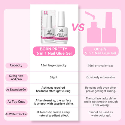 BORN PRETTY 6-in-1 Nail Glue Gel - 15ML Soak-Off Base & Top Coat for Acrylic Extensions