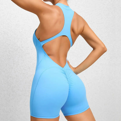 Flaunt Your Curves: Sexy Backless Scrunch Butt Sport Jumpsuit - Sleeveless Zipper Fitness Overalls for Women's Gym Outfit, Yoga Romper