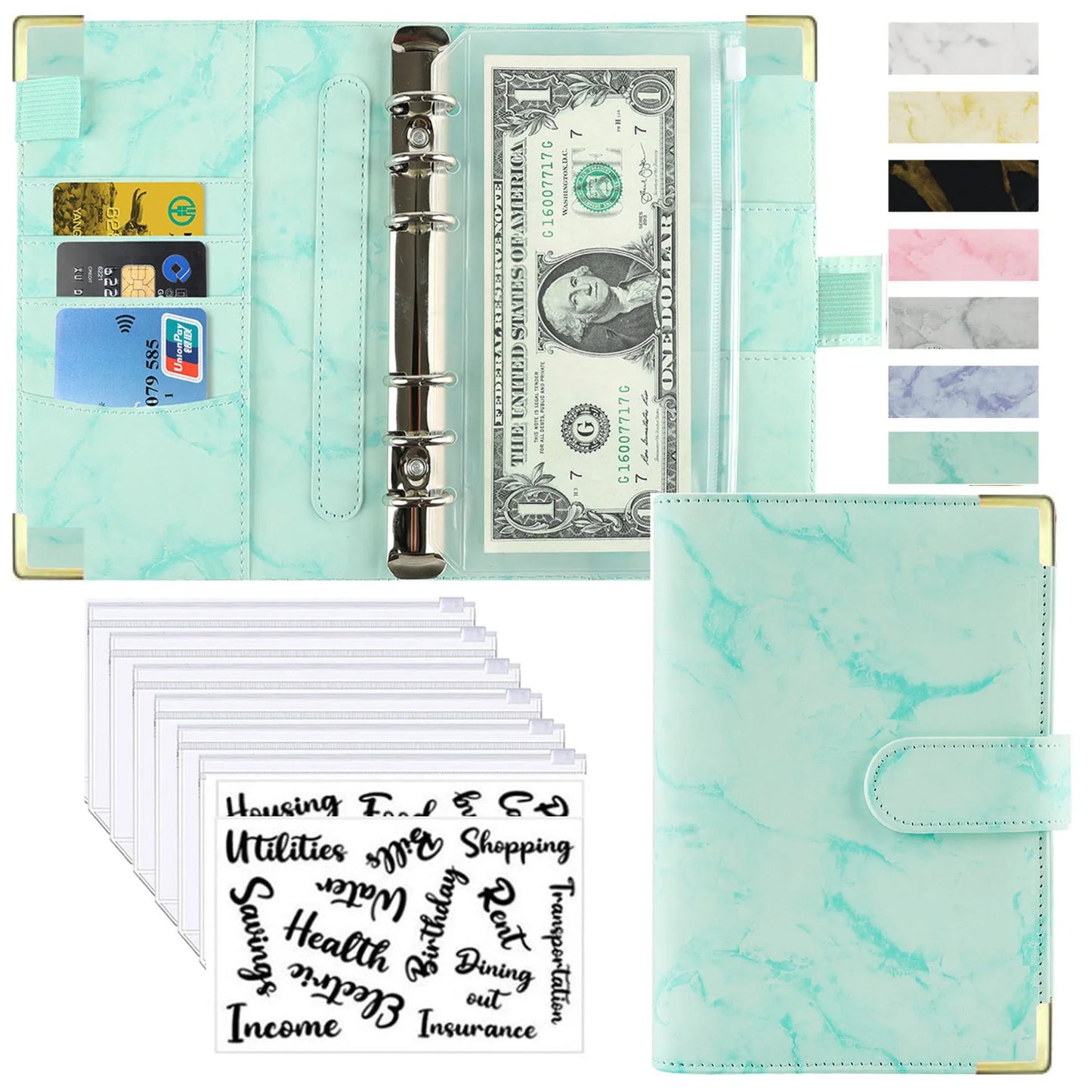 A6 Money Saving Organizer – PU Leather Budget Binder with Marble Notebook, 2023 Budget Planner, Envelope Office & School Supplies