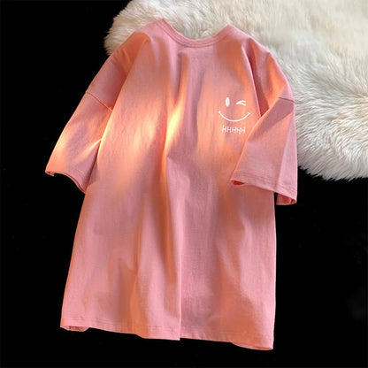Men's & Women's Smiling Face T-Shirt — Funny Fashion Oversized Short-Sleeve Couple Top, American Basic Loose Pullover