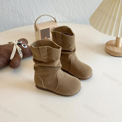 Children’s Leather Cowboy Boots – Girls Retro 2025 Autumn/Winter Warm Outdoor Anti-Slip Short Flats